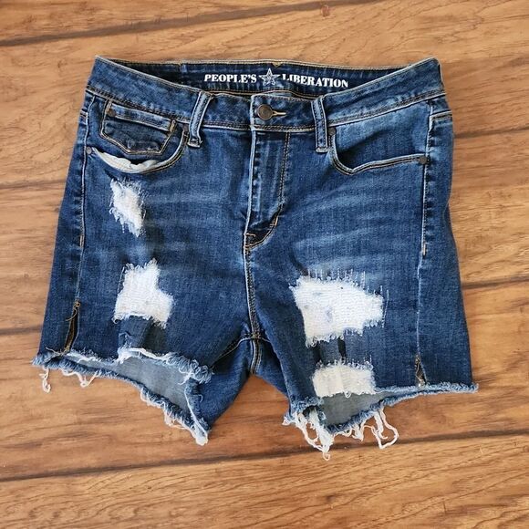 People's Liberation Ava hi-rise skinny fit blue denim cut off shorts size 11 - Picture 1 of 7